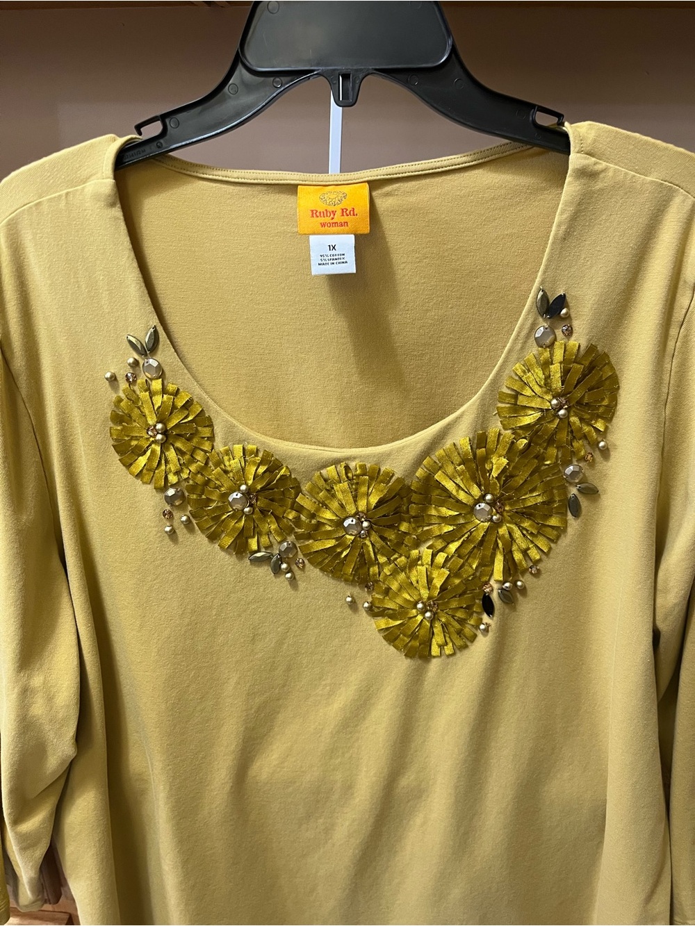 Ruby Rd. Yellow Scoop Neck Top with Floral Sequin Embellishment
